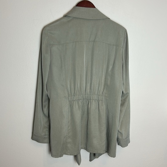 Chicos Ruffle Open Front Waterfall Duster Olive Green Jacket Chico’s Sz 2 Large - Picture 7 of 14